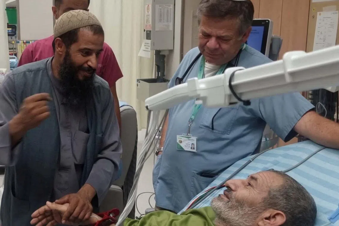 Qaid Farhan Alkadi, a Bedouin Israeli hostage who was kidnapped in the deadly Oct 7 Hamas attack, is greeted by a loved one after being rescued by Israeli forces at Soroka Medical Center in Beersheba, Israel, Aug 27, 2024. 