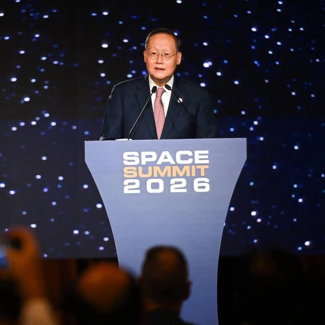 Minister-in-charge of Energy and Science and Technology Tan See Leng speaking at the opening of the inaugural Space Summit on Feb 2.
