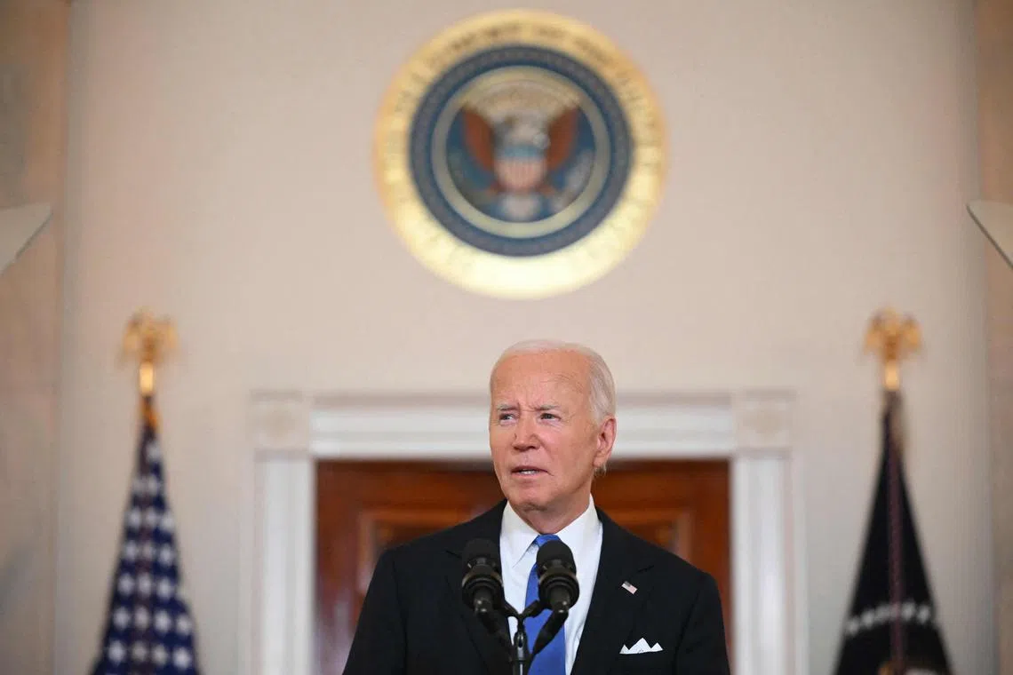 US President Joe Biden delivers remarks on the Supreme Court's immunity ruling at the Cross Hall of the White House in Washington, DC on July 1, 2024. The US Supreme Court ruled July 1, 2024 that Donald Trump enjoys some immunity from prosecution as a former president, a decision set to delay his trial for conspiring to overturn the 2020 election. (Photo by Mandel NGAN / AFP)