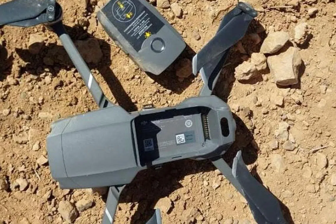 A picture released by the Jordanian Armed Forces website on August 28, 2023, shows what it said is a drone that was flying into Jordanian territory from neighbouring Syria that the Jordanian army downed on Jordan's side of the border, in Jordan. JORDAN ARMED FORCES/Handout via REUTERS