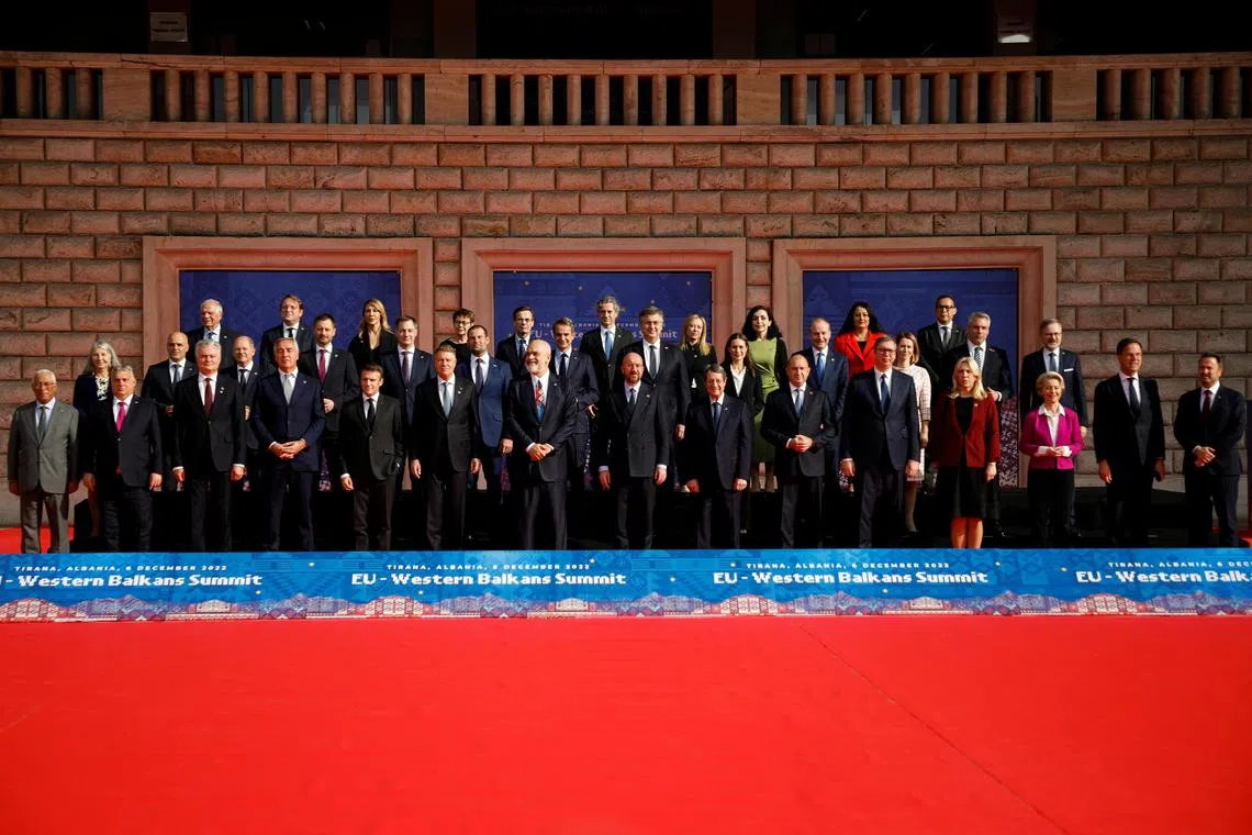 EU and Western Balkan leaders pose for family photo at their summit in Tirana, Albania, on Dec 6, 2022.