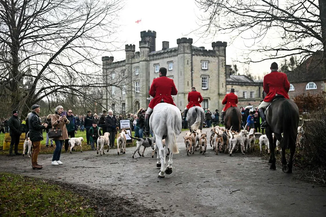Members of the Old Surrey, Burstow and West Kent Hunt arriving to gather at Chiddingstone Castle for their annual Boxing Day hunt, south of London on Dec 26, 2023. 