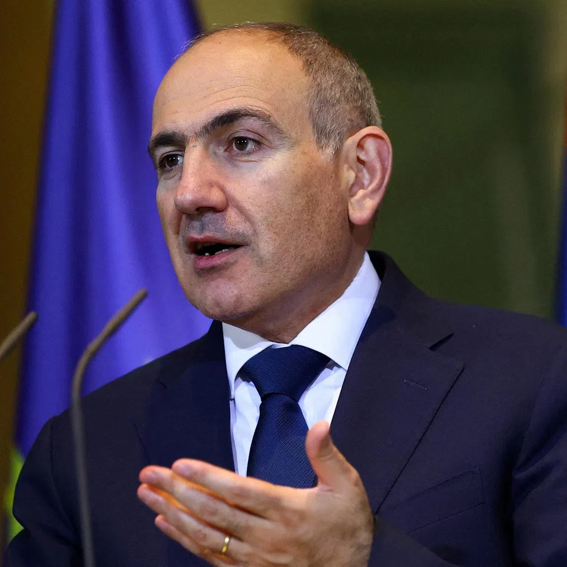 FILE PHOTO: Armenian Prime Minister Nikol Pashinyan speaks during a press conference with German Chancellor Friedrich Merz (not pictured) at the Chancellery in Berlin, Germany December 9, 2025.  REUTERS/Lisi Niesner/File Photo