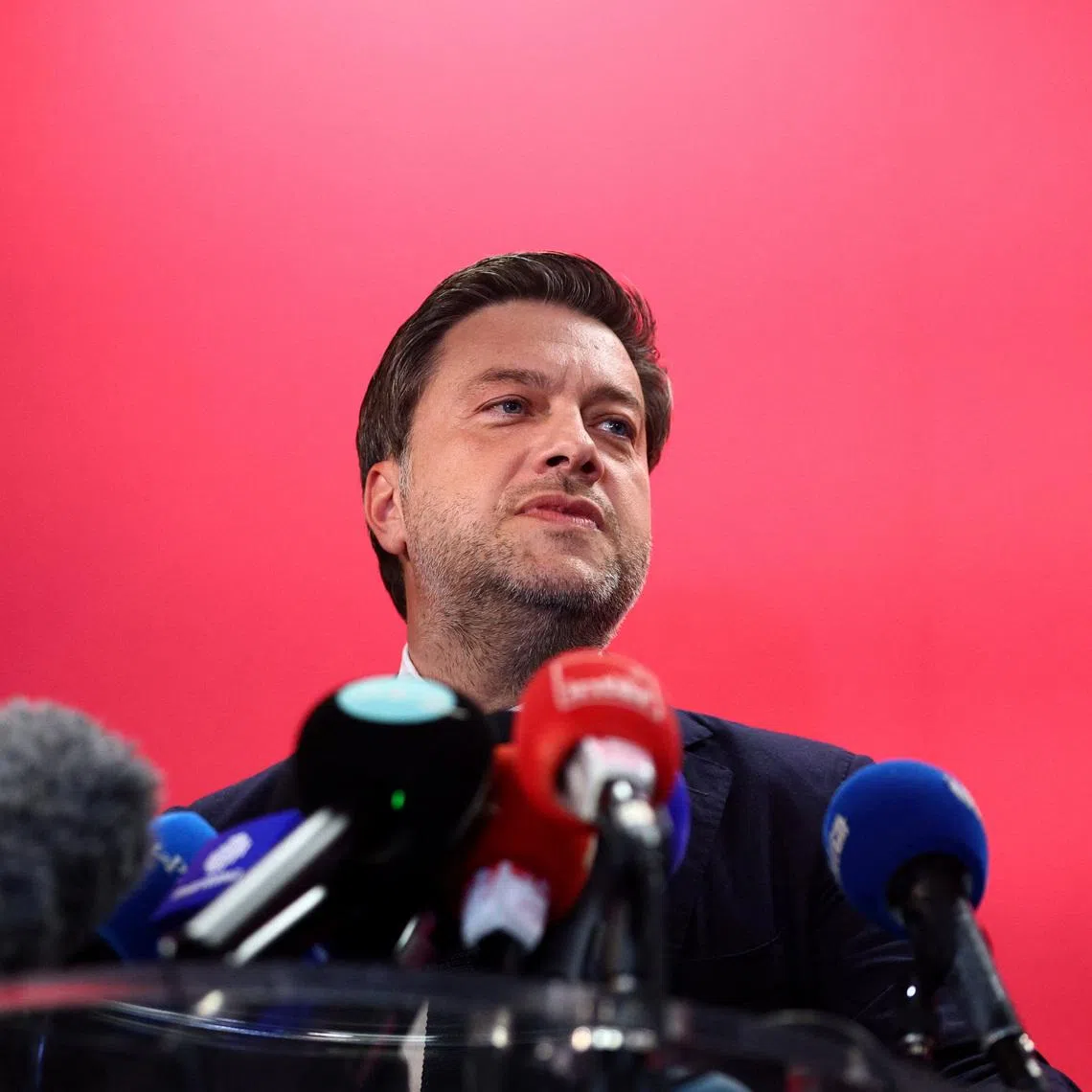 Marseille Mayor Benoit Payan, candidate for his re-election and supported by the left wing parties,  delivers a speech after early results suggested he won the second round of the French mayoral election in Marseille, France, March 22, 2026. REUTERS/Manon Cruz