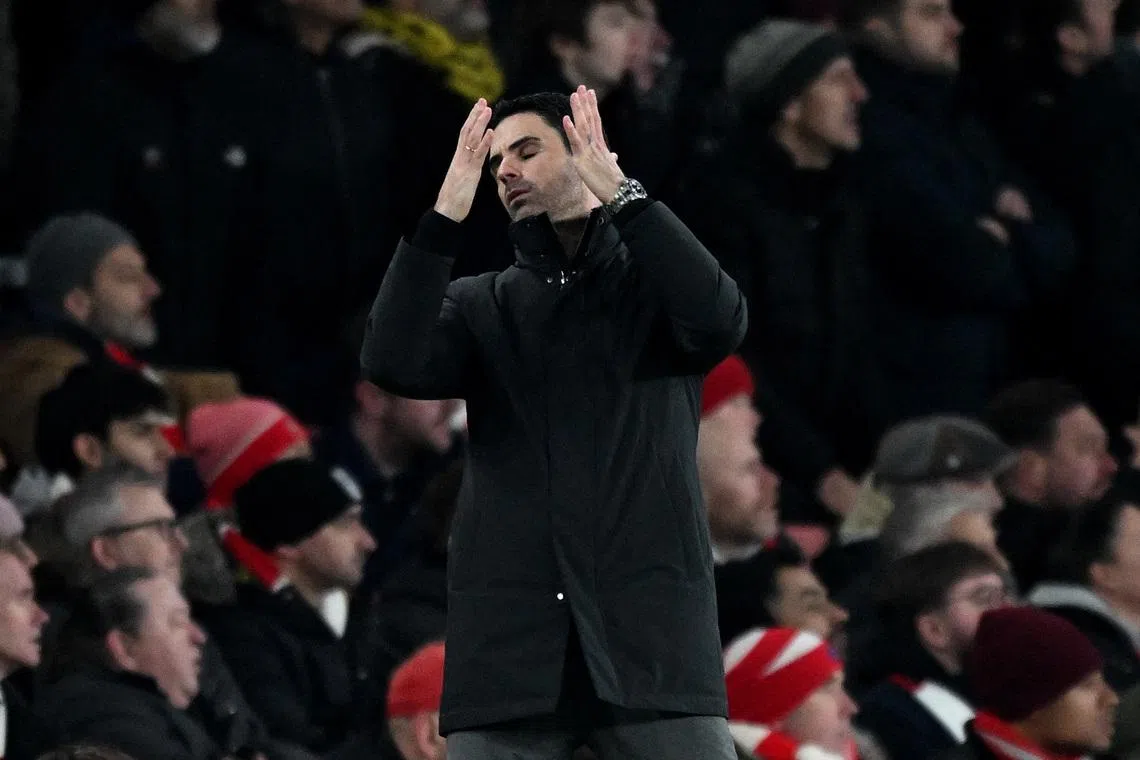 Arsenal manager Mikel Arteta reacting during their 3-2 home defeat by Manchester United on Jan 25.