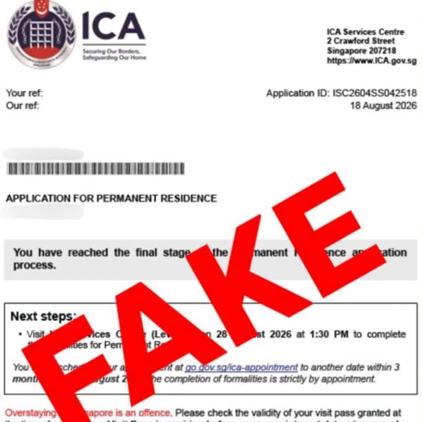 Examples of the fake websites and documents of fake advertisements offering help with applying for a Singapore Permanent Resident (PR) status.