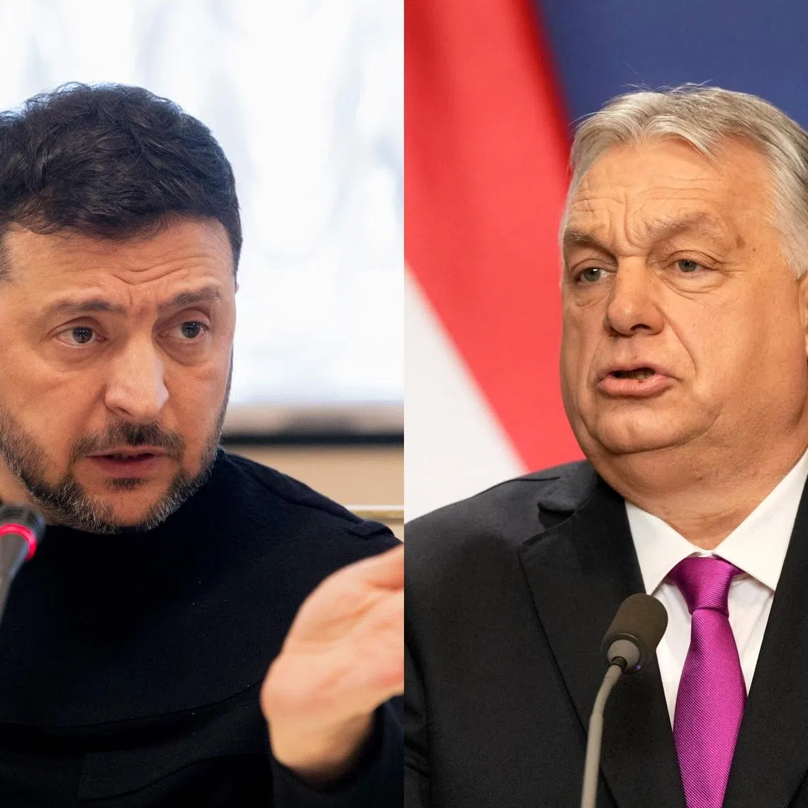 Ukrainian President Volodymyr Zelensky (left) criticised Hungarian Prime Minister Viktor Orban for blocking Ukraine aid that is  critical to Ukraine's survival.