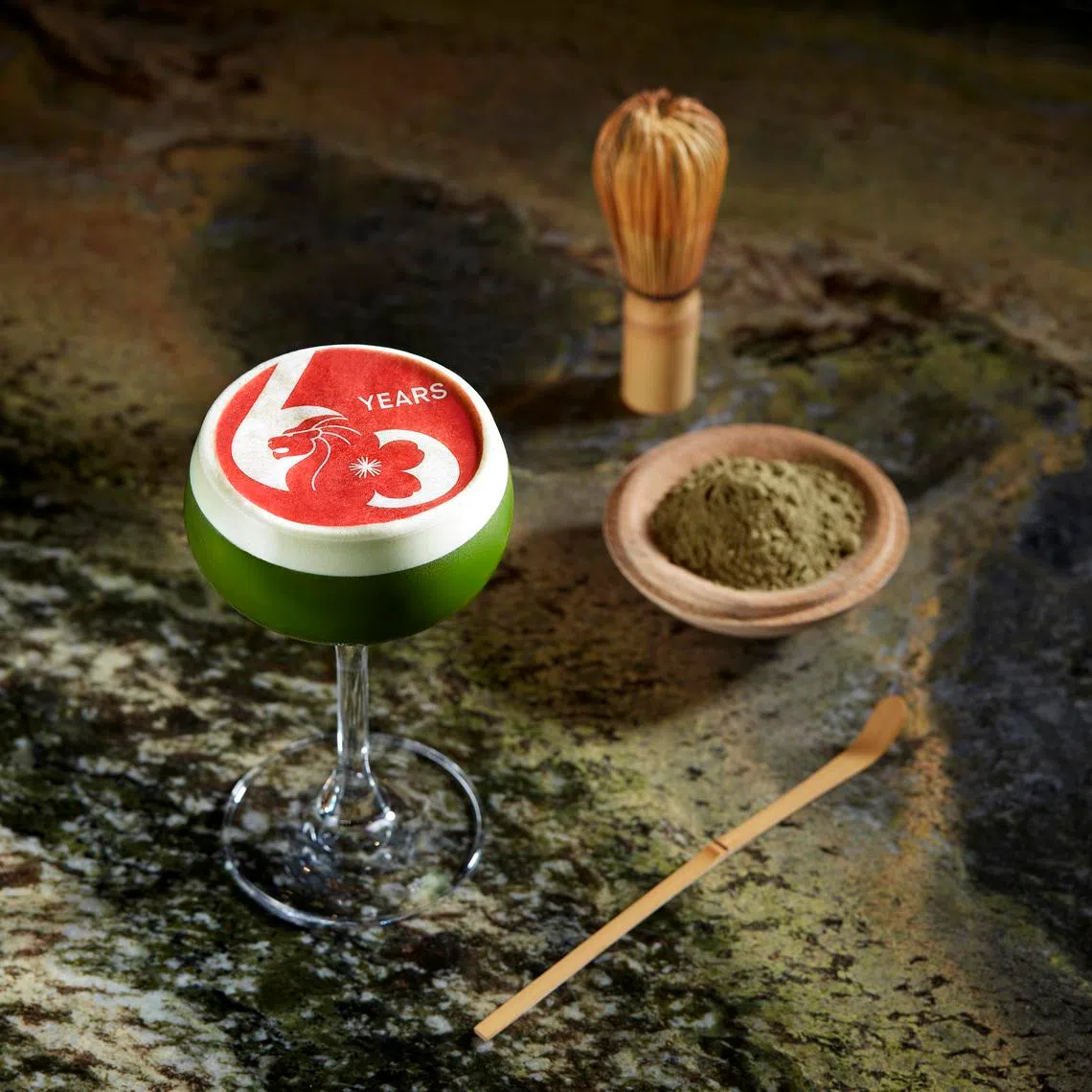 The Matcha Sling, using ceremonial grade matcha from Uji, is a celebration of 60 years of diplomatic relations between Japan and Singapore.