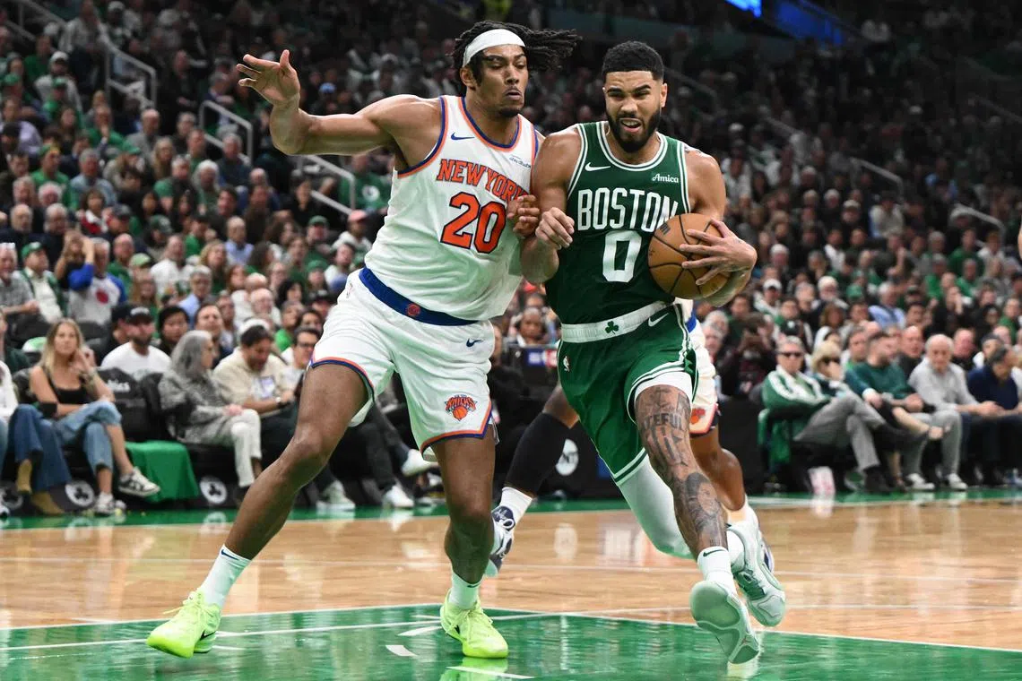 Boston Celtics Jayson Tatum (No. 0) puts up 37 points in his side's 132-109 National Basketball Association season-opener against the New York Knicks at TD Garden on Oct 22.
