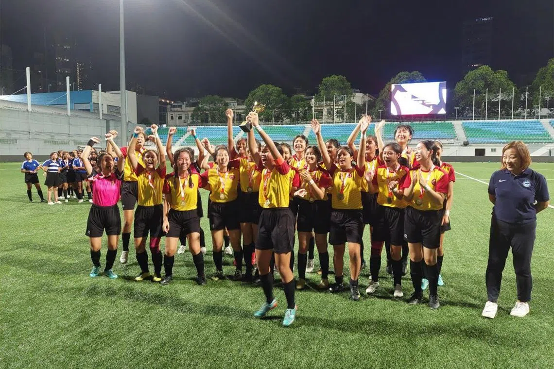 The Victoria Junior College (VJC) football team after winning the National School Games A division girl's football title in a 4-1 match against Tampines Meridian Junior College (TMJC) at the Jalan Besar Stadium on 18th May 2023. This is their 9th consecutive win.