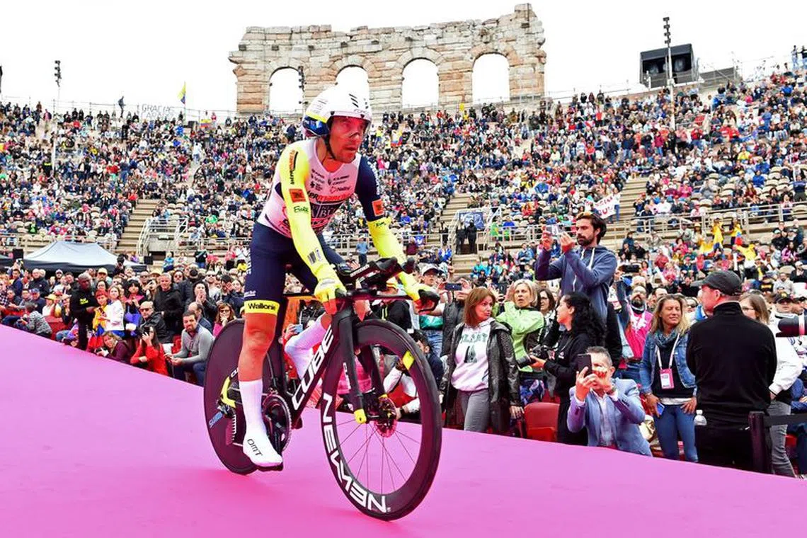Cycling - Giro d'Italia - Stage 21 - Verona , Italy - May 29, 2022 Jumbo-Visma's Tobias Foss reacts after his time trial REUTERS/Jennifer Lorenzini/ File photo