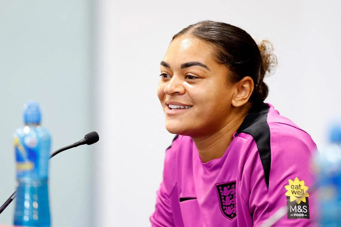 FILE PHOTO: Soccer Football - Women's International Friendly - England Press Conference - St. George's Park, Burton upon Trent, Britain - June 28, 2025 England's Jess Carter during the press conference Action Images via Reuters/Peter Cziborra/File Photo