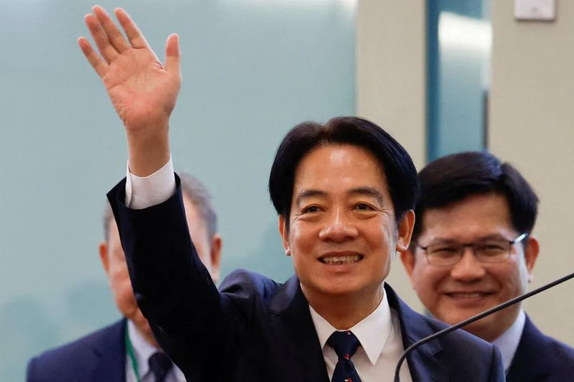FILE PHOTO: Taiwan's Vice President William Lai waves at Taoyuan International Airport before his departure to the United States for a stopover in New York on his way to Paraguay, in Taoyuan, Taiwan August 12, 2023. REUTERS/Carlos Garcia Rawlins/File Photo