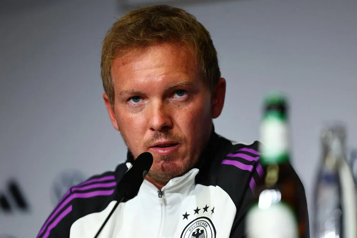 Soccer Football - World Cup - UEFA Qualifiers - Germany Press Conference - RheinEnergieStadion, Cologne, Germany - September 6, 2025 Germany coach Julian Nagelsmann during the press conference REUTERS/Leon Kuegeler