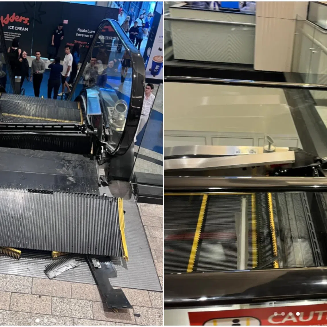 As the post’s author stepped onto the escalator, there was a sudden, loud noise, and some parts “popped out” of the top of the escalator.