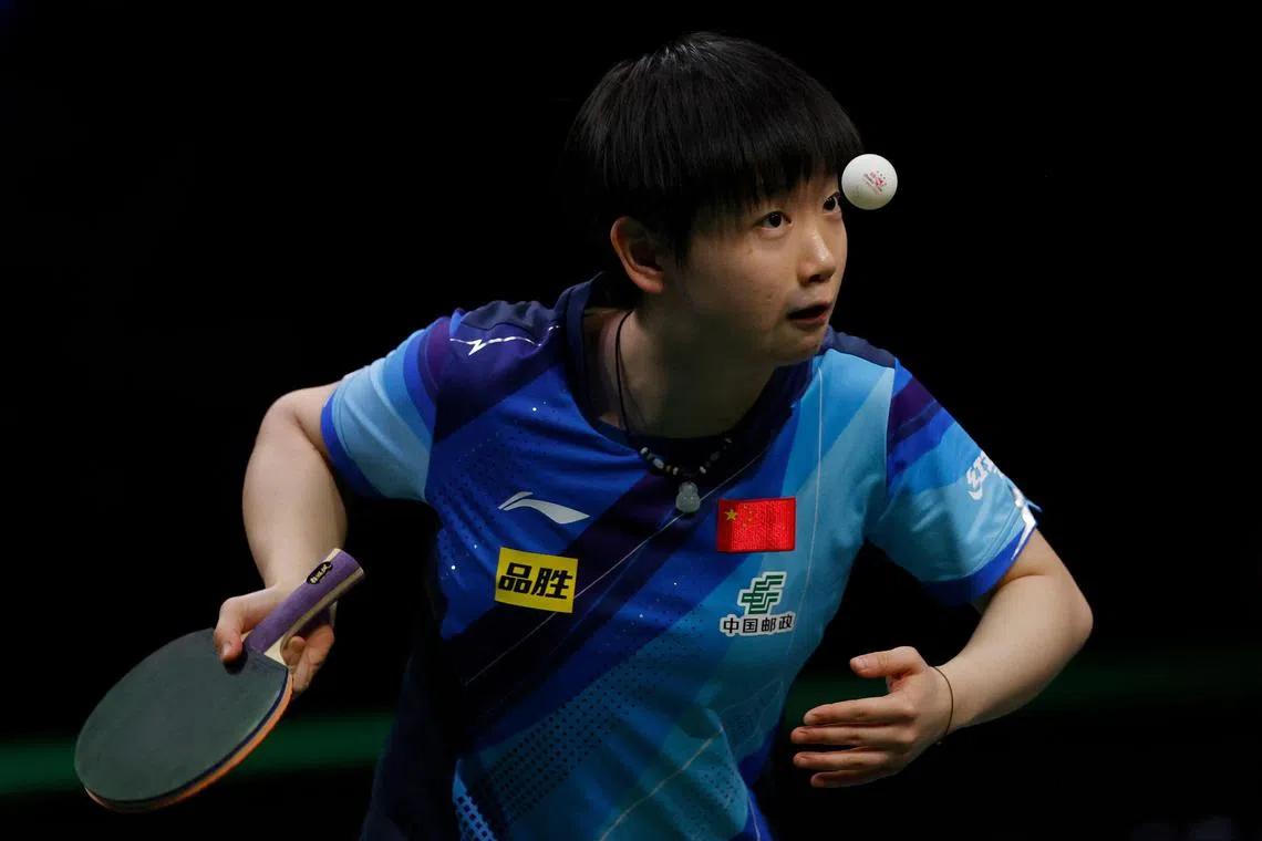 China's Sun Yingsha en route to her women's singles semi-final victory over Japan's Hina Hayata at the World Table Tennis Championships in Durban, South Africa, on May 27.