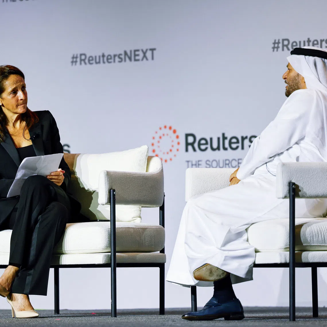 Diplomatic advisor to the United Arab Emirates President Anwar Gargash speaks with Reuters Editor-in-Chief Alessandra Galloni at the Reuters NEXT Gulf Summit, in Abu Dhabi, United Arab Emirates, October 22, 2025. REUTERS/Rula Rouhana