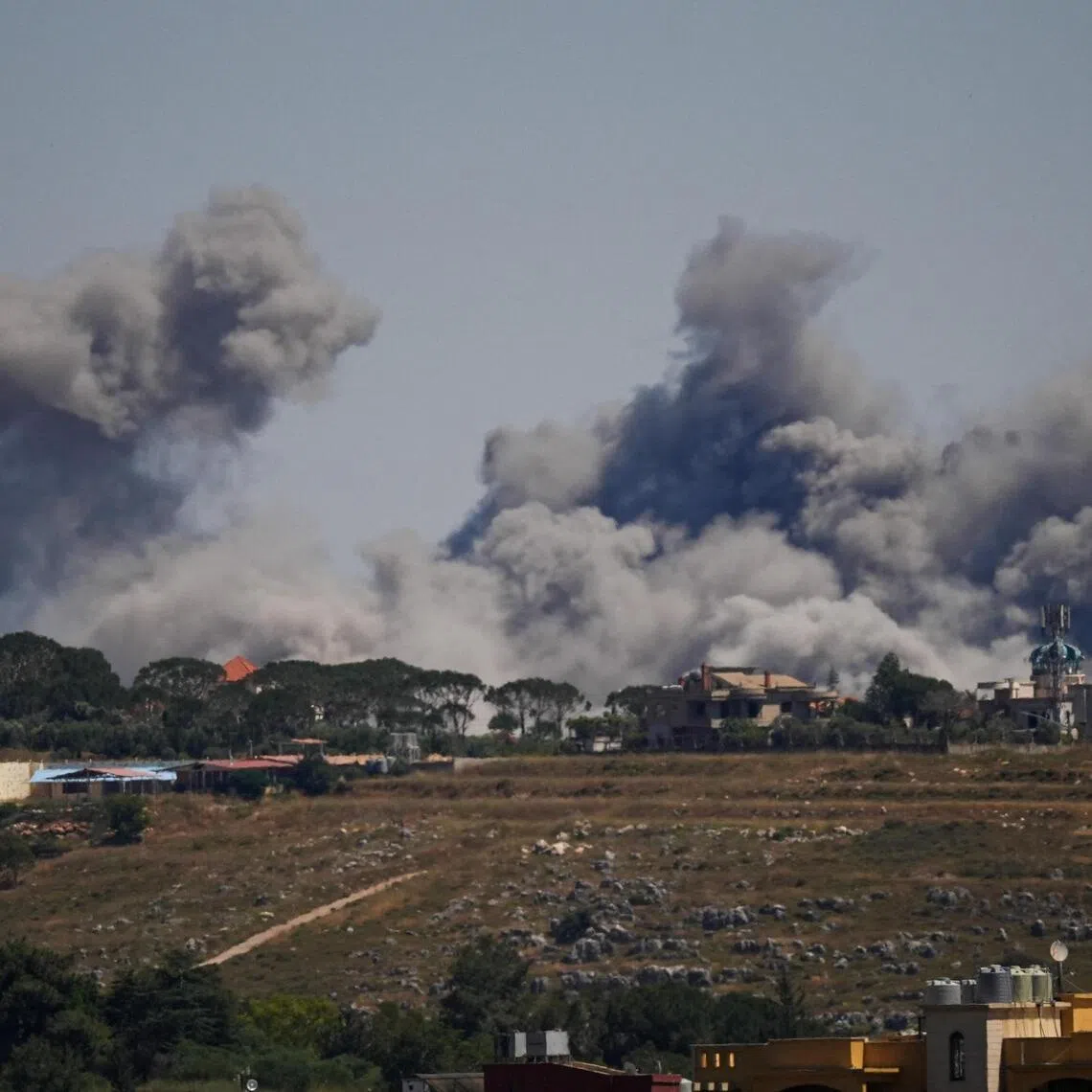 Smoke billows from southern Lebanon, following Israeli strikes, as seen from Nabatieh, Lebanon, June 4, 2026. 