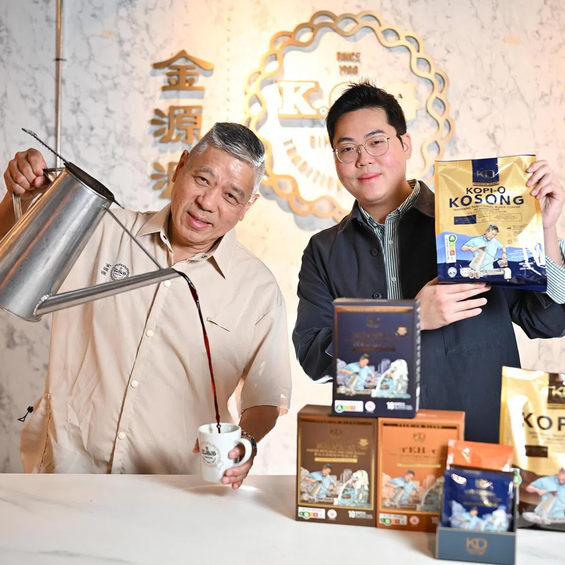 Kim Guan Guan Coffee founder Jason Soon (left) with his son, Nigel Soon, who heads the company’s consumer-focused brand Kim’s Duet.