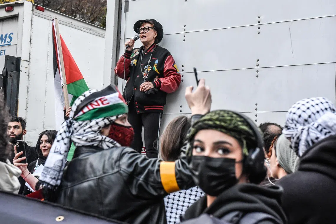 Susan Sarandon participates in a demonstration with pro-Palestinian activists, at Union Square in New York.