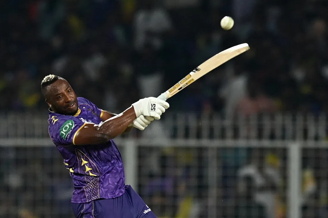 Cricket - Indian Premier League - IPL - Kolkata Knight Riders v Chennai Super Kings - Eden Gardens, Kolkata, India - May 7, 2025 Kolkata Knight Riders' Andre Russell in action. REUTERS/Abhijit Addya
