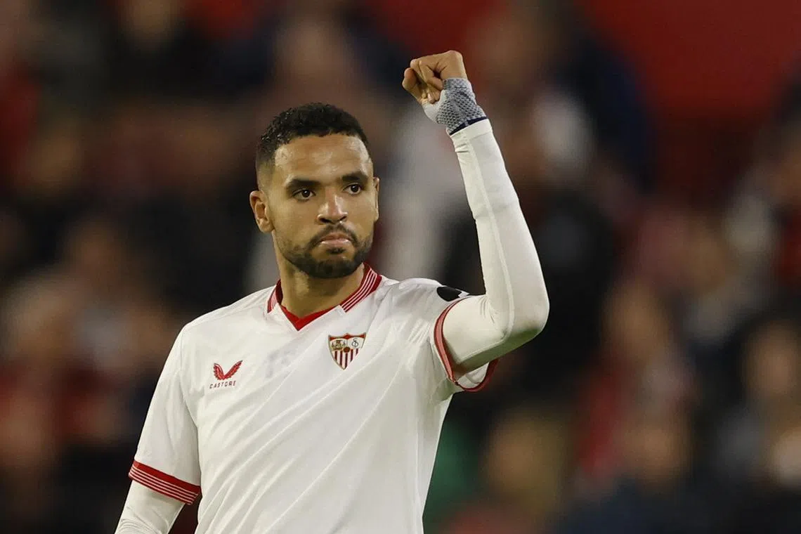 Soccer Football - Champions League - Group B - Sevilla v PSV Eindhoven - Estadio Ramon Sanchez Pizjuan, Seville, Spain - November 29, 2023 Sevilla's Youssef En-Nesyri celebrates scoring their second goal REUTERS/Marcelo Del Pozo