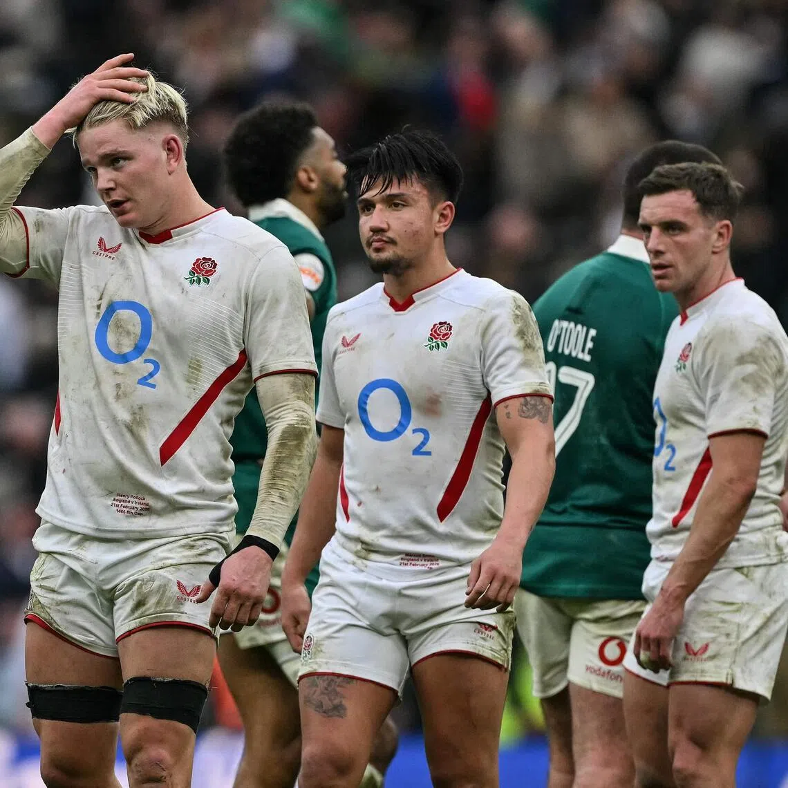 England players react at the end of their loss in the Six Nations match against Ireland at Allianz Stadium, Twickenham.