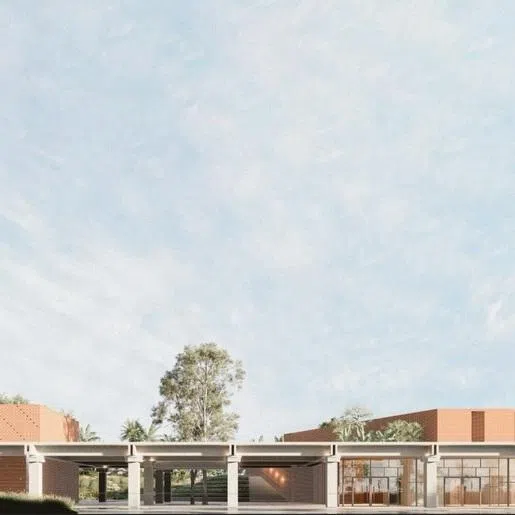 The centre will comprise a meditation hall (left) and an auditorium block (right) that are linked by a concrete canopy.