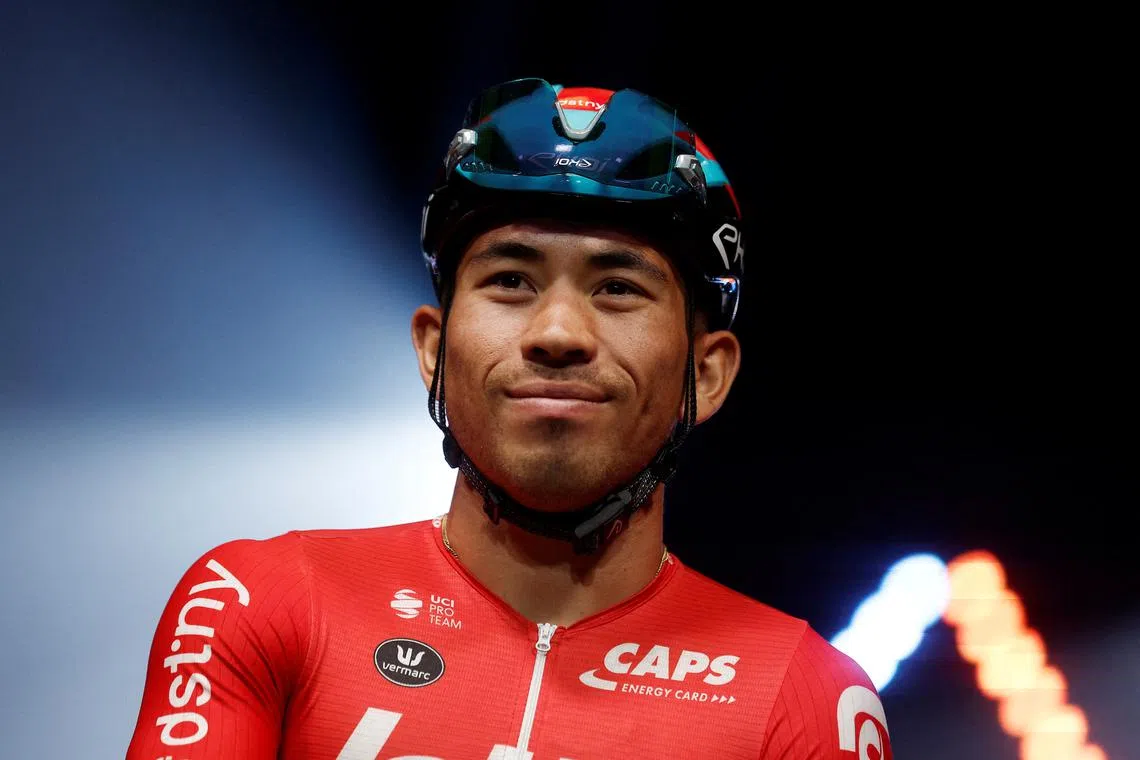 FILE PHOTO: Cycling - Tour de France - Stage 12 - Roanne to Belleville-En-Beaujolais - France - July 13, 2023 Lotto–Dstny's Caleb Ewan ahead of satge 12 REUTERS/Benoit Tessier/File Photo