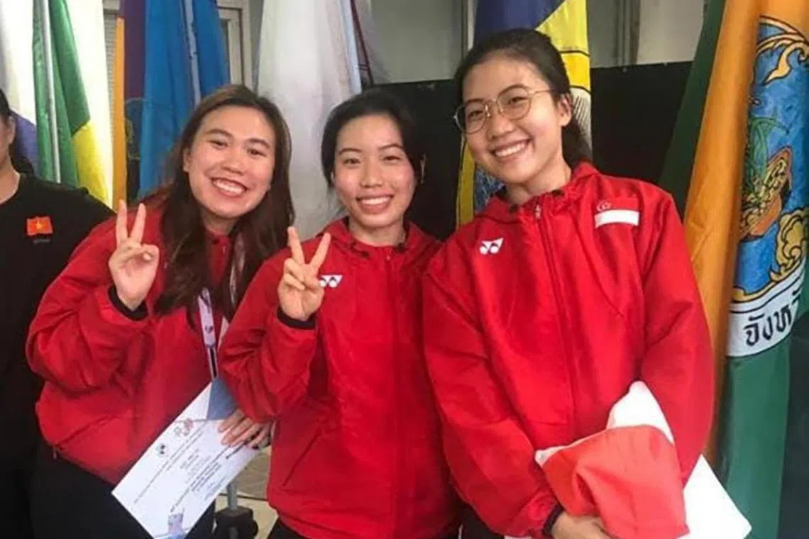 (From left) Ho Xiu Yi, Adele Tan and Fernel Tan won the 10m air rifle women's team gold at the South-east Asian Shooting Championships on Dec 5, 2022.