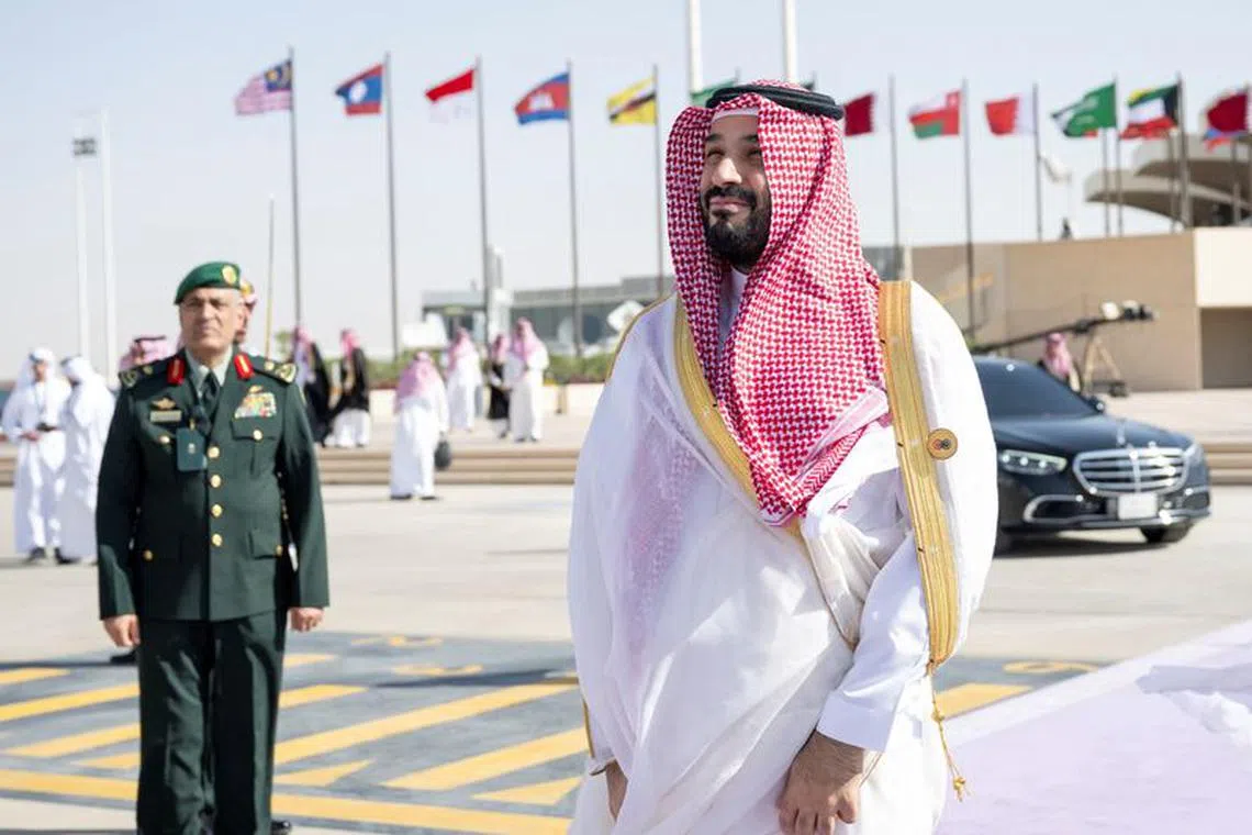 RIYADH, SAUDI ARABIA - October 20, 2023: HRH Prince Mohamed bin Salman bin Abdulaziz, Crown Prince, Deputy Prime Minister and Minister of Defence of Saudi Arabia awaits the arrival of HH Sheikh Mohamed bin Zayed Al Nahyan, President of the United Arab Emirates (not pictured), upon arriving in Saudi Arabia to attend the joint summit of the Gulf Cooperation Council (GCC) and the Association of Southeast Asian Nations (ASEAN). Hamad Al Kaabi / UAE Presidential Court/Handout via REUTERS