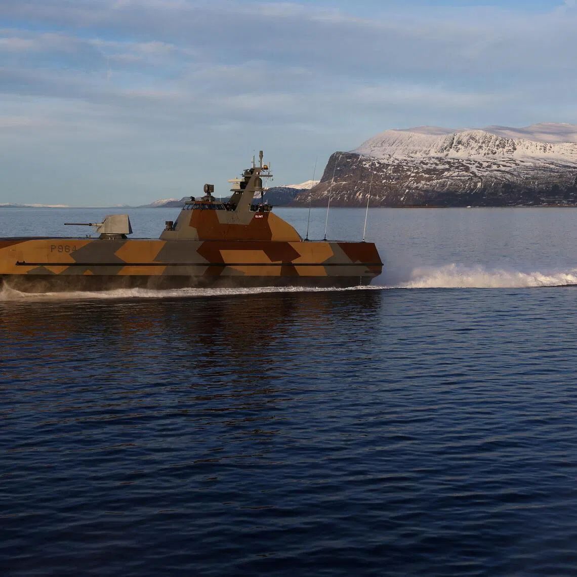 A Norwegian Coastal Corvette sails during the NATO Cold Response 2026 military exercise in the Ofotfjord in Arctic Norway.