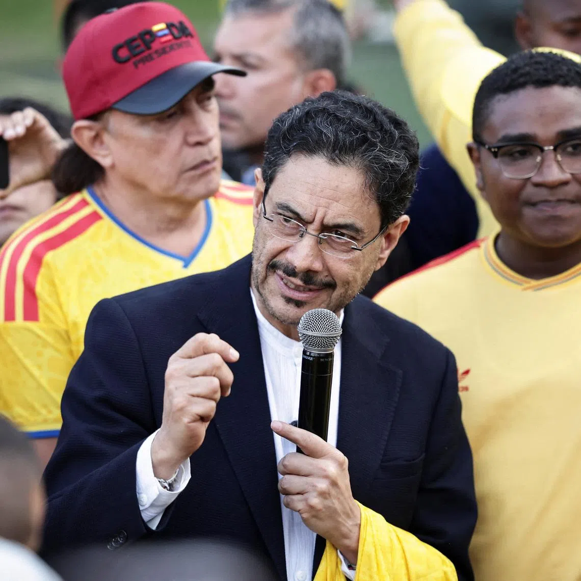 Colombian presidential candidate Ivan Cepeda of the Historic Pact party speaks during a campaign event with leaders of Colombian football fan groups, ahead of the presidential runoff election, in Bogota, Colombia, June 4, 2026. REUTERS/Jose Vargas