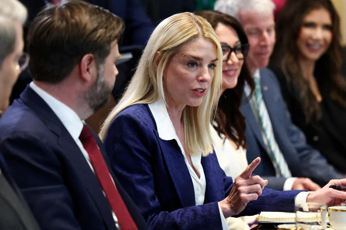 FILE PHOTO: U.S. Attorney General Pam Bondi speaks during a cabinet meeting held by U.S. President Donald Trump at the White House in Washington, D.C., U.S., April 30, 2025. REUTERS/Evelyn Hockstein/File Photo