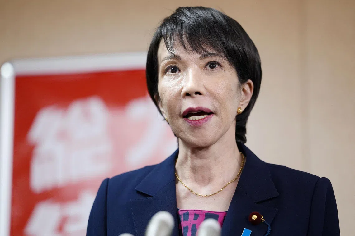 Japan's Liberal Democratic Party newly elected chief Sanae Takaichi speaks to media after a meeting with Japan's Komeito party leader Tetsuo Saito, at the party headquarters, in Tokyo, Japan October 10, 2025, in this photo taken by Kyodo. Kyodo/via REUTERS ATTENTION EDITORS - THIS IMAGE HAS BEEN SUPPLIED BY A THIRD PARTY. MANDATORY CREDIT. JAPAN OUT. NO COMMERCIAL OR EDITORIAL SALES IN JAPAN.