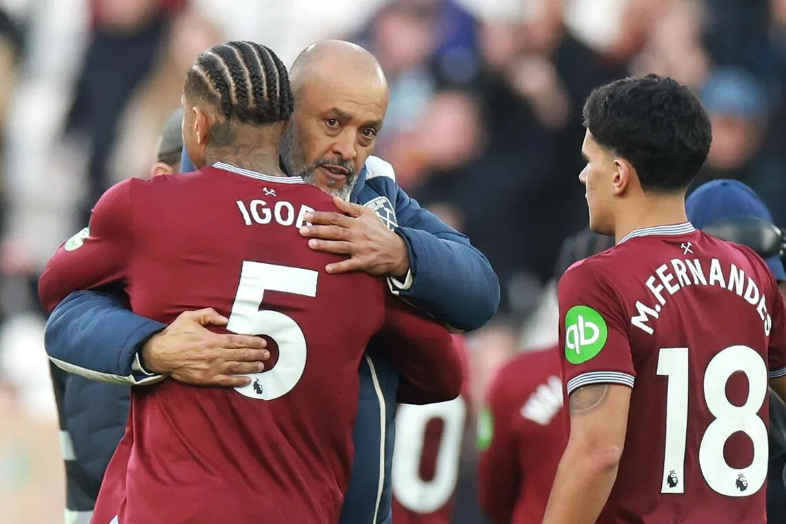 West Ham United manager Nuno Espirito Santo celebrating with his players after the 3-1 English Premier League win over Newcastle United at the London Stadium on Nov 2, 2025.