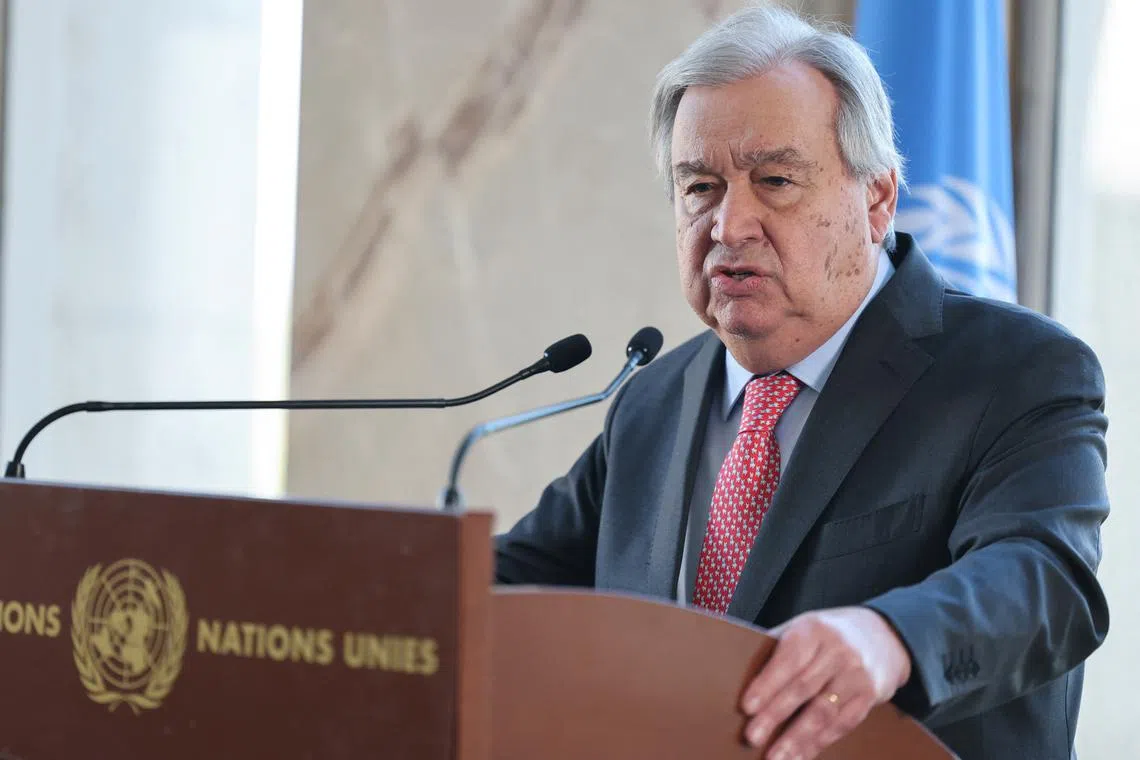 UN Secretary-General Antonio Guterres attends a press conference on the day of a meeting to discuss future of stalled peace talks over the divided island of Cyprus at the United Nations in Geneva, Switzerland, March 18, 2025. REUTERS/Pierre Albouy/Pool
