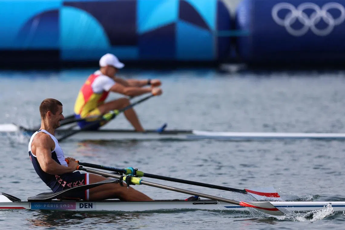 Paris 2024 Olympics - Rowing - Men's Single Sculls Final B - Vaires-sur-Marne Nautical Stadium - Flatwater, Vaires-sur-Marne, France - August 03, 2024. Sverri Nielsen of Denmark in action. REUTERS/Molly Darlington