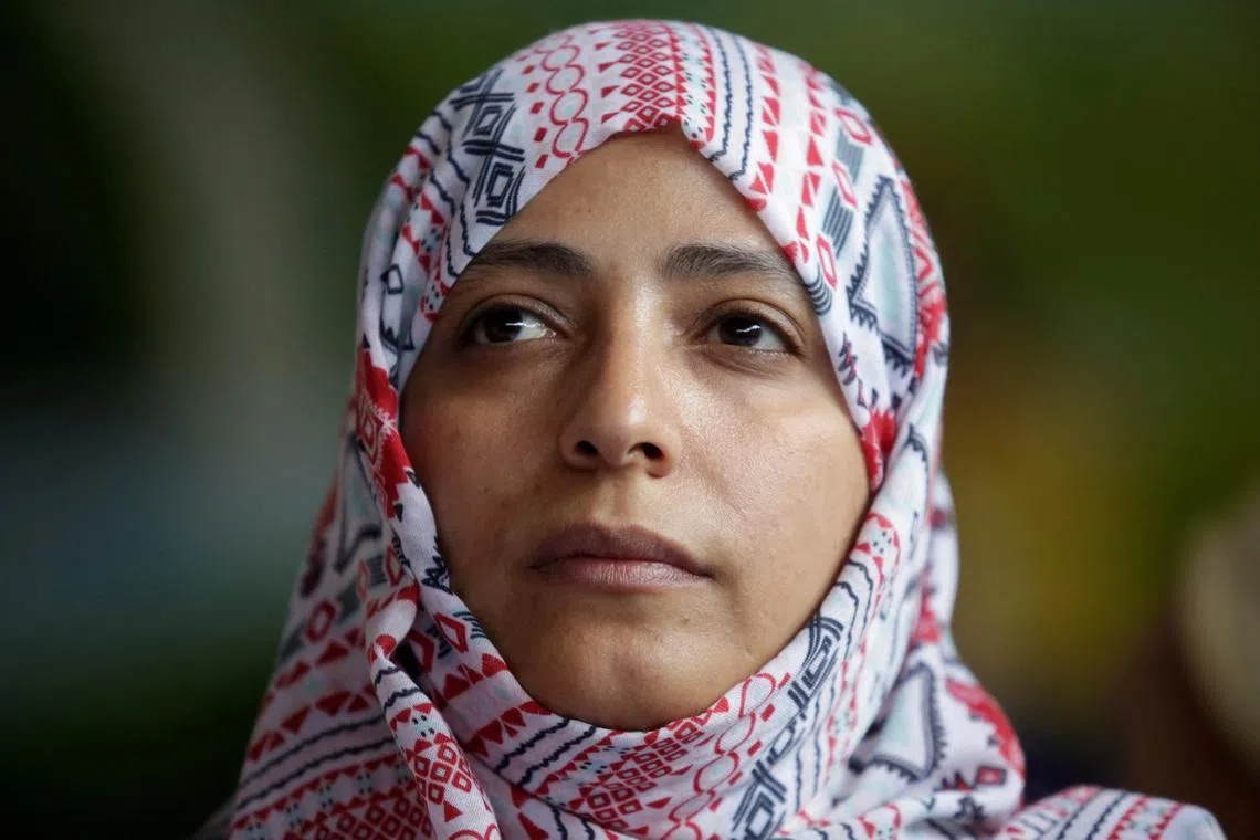 FILE PHOTO: Nobel Peace Prize winner Tawakkol Karman of Yemen looks on during a news conference against mining in the town of Casillas, Guatemala, October 26, 2017. REUTERS/Luis Echeverria/File Photo