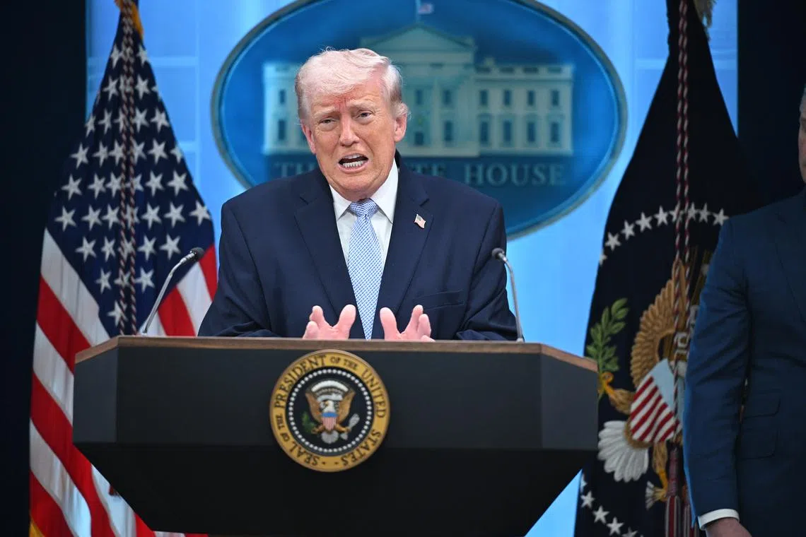 US President Donald Trump speaking about the US-Israel war on Iran at the White House on April 6. 