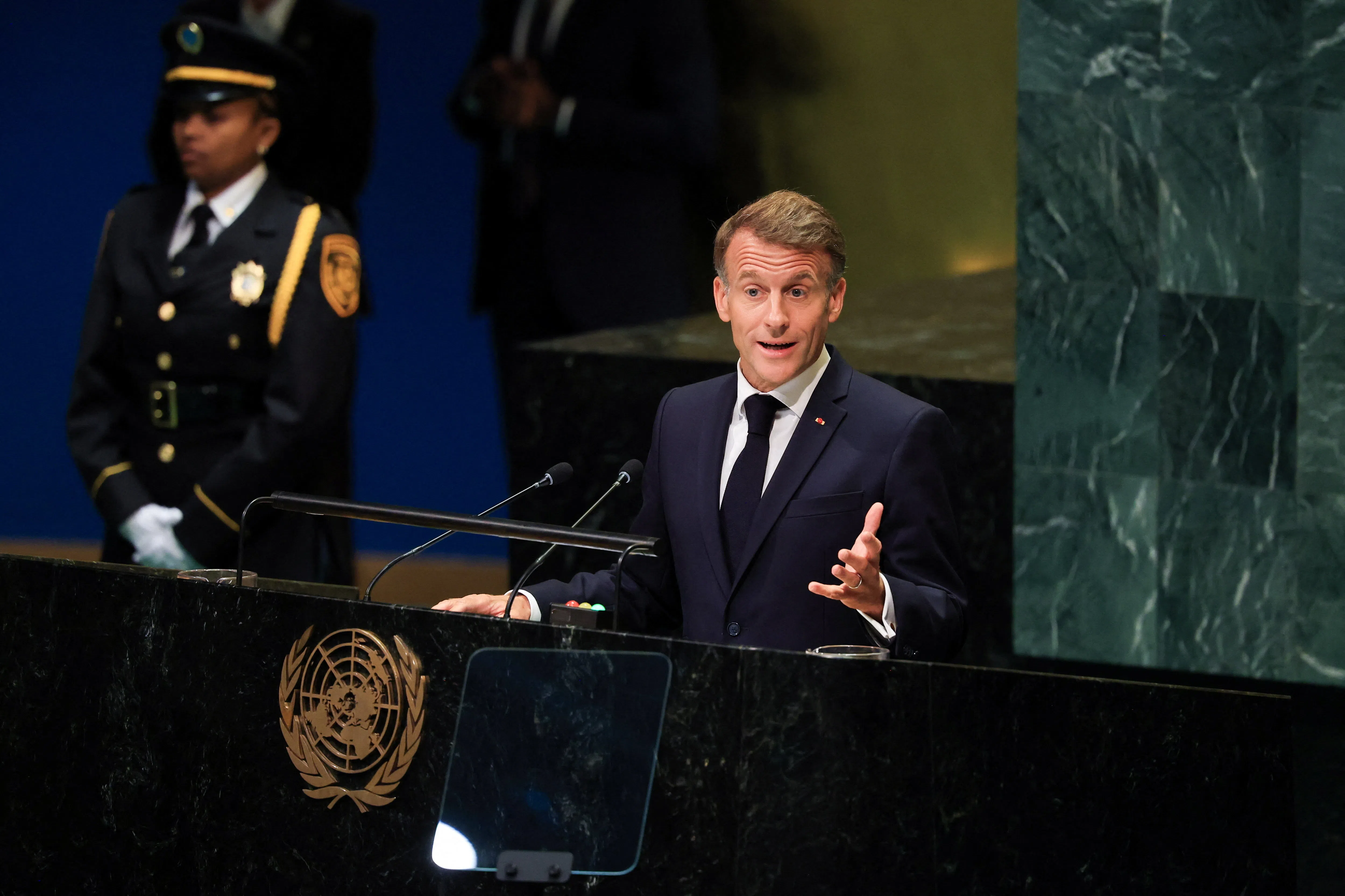 France's President Emmanuel Macron addresses the 81st United Nations General Assembly at UN headquarters in New York City, US, September 22, 2026. REUTERS/Brendan McDermid