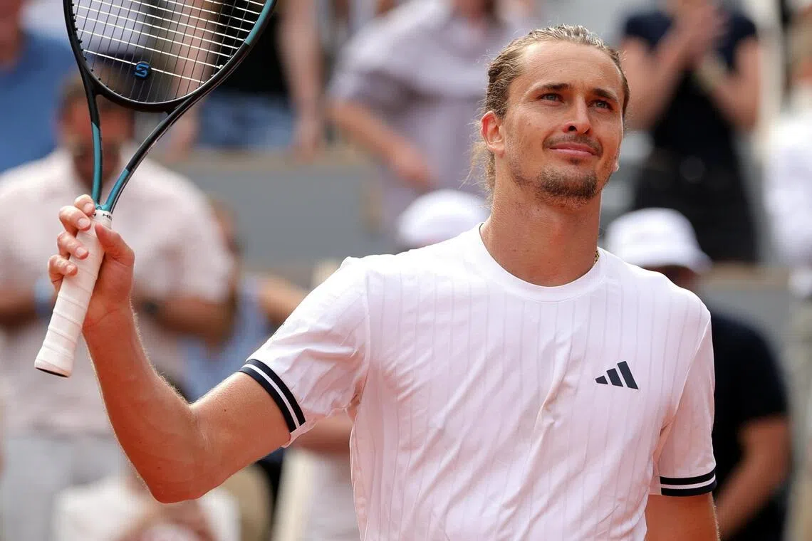 Germany's Alexander Zverev celebrates winning his fourth-round match against Jesper de Jong of the Netherlands on May 31.