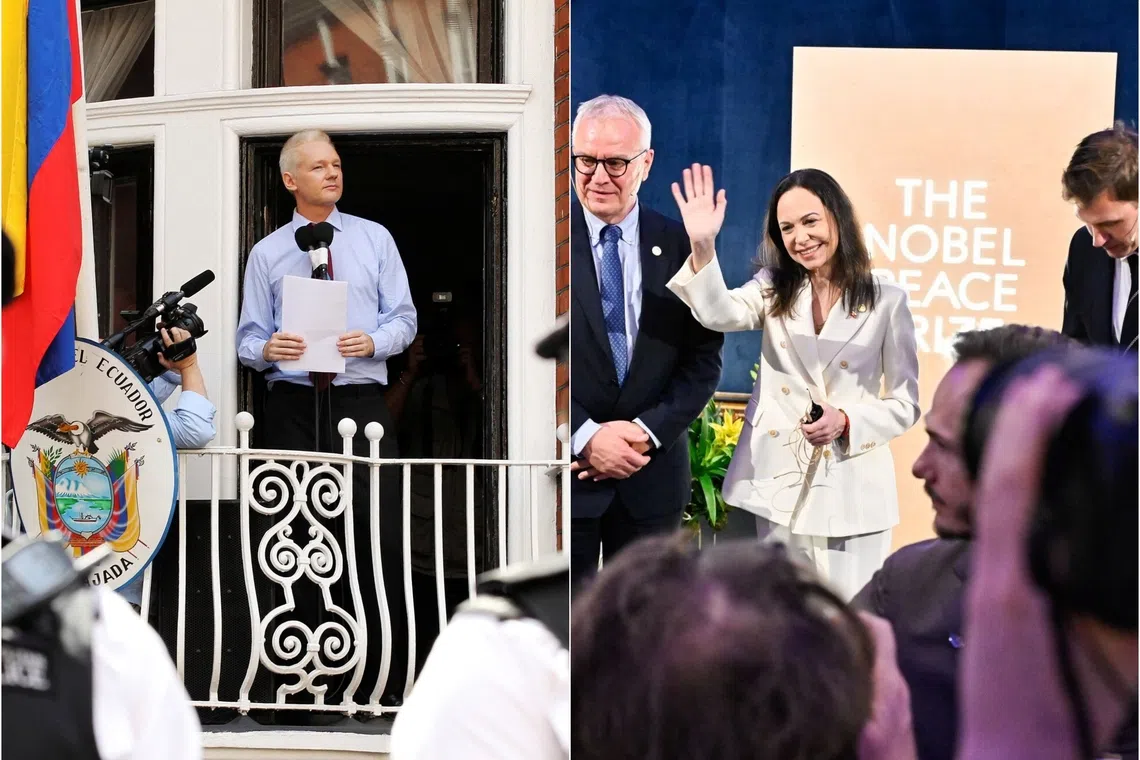 WikiLeaks founder Julian Assange (left, in 2012) is unhappy with the Nobel Foundation for awarding its Peace Prize to Venezuelan opposition leader Maria Corina Machado.
