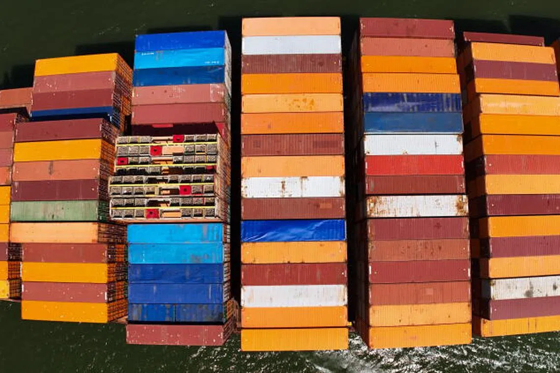 epa12187823 A photo taken by a drone shows Maersk Sembawang sailing after departing from Antwerp harbour, near Hansweert, the Netherlands, 20 June 2025. According to the EU Commission, EU exports increased by 8.6 percent, while imports rose by 4.1 percent in the first quarter of 2025, driven by an acceleration in trade with the United States amid the threat of a trade war. The EU and US are engaged in trade talks ahead of a July tariff deadline set by US President Trump. EPA-EFE/OLIVIER HOSLET