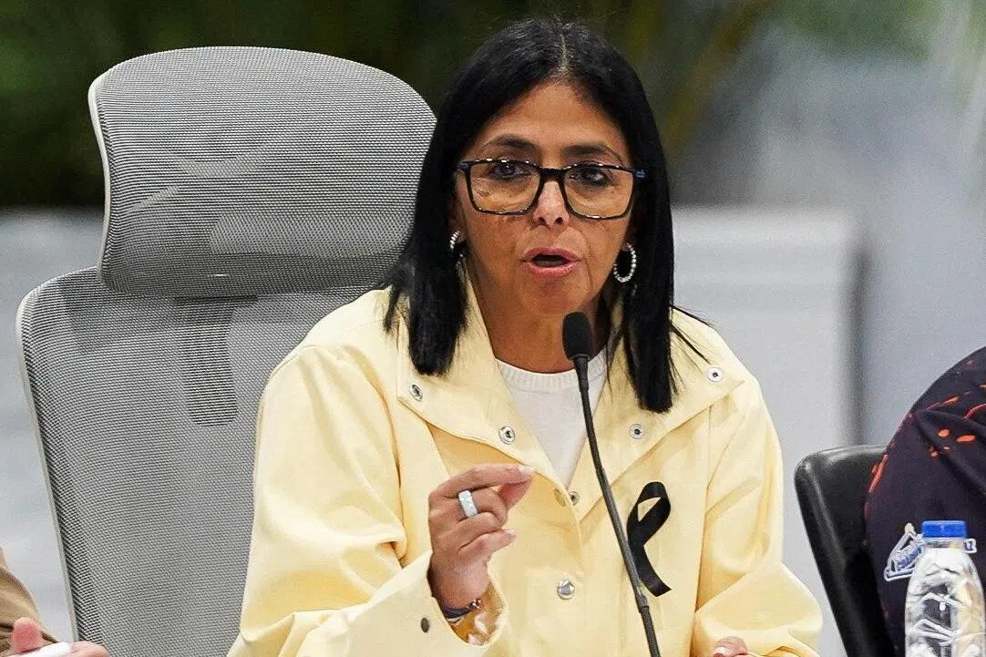 Venezuela’s interim President Delcy Rodriguez addresses the media following the June 24 earthquakes that struck the country, in Caracas, on July 2.
