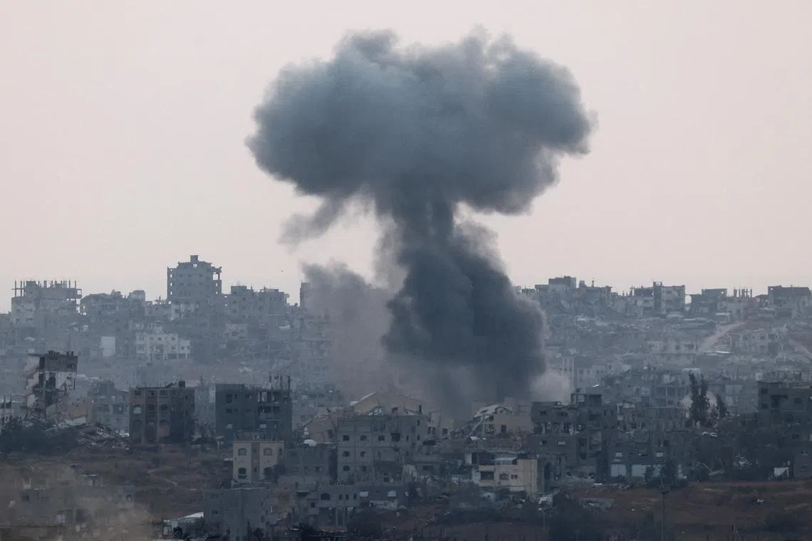 Smoke rises from Gaza after an Israeli airstrike, as seen from Israel, May 3, 2025. REUTERS/Amir Cohen