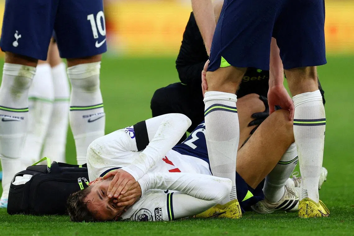 Tottenham Hotspur midfielder Rodrigo Bentancur receiving medical attention after suffering an injury in the English Premier League clash with Leicester City on Saturday. 
