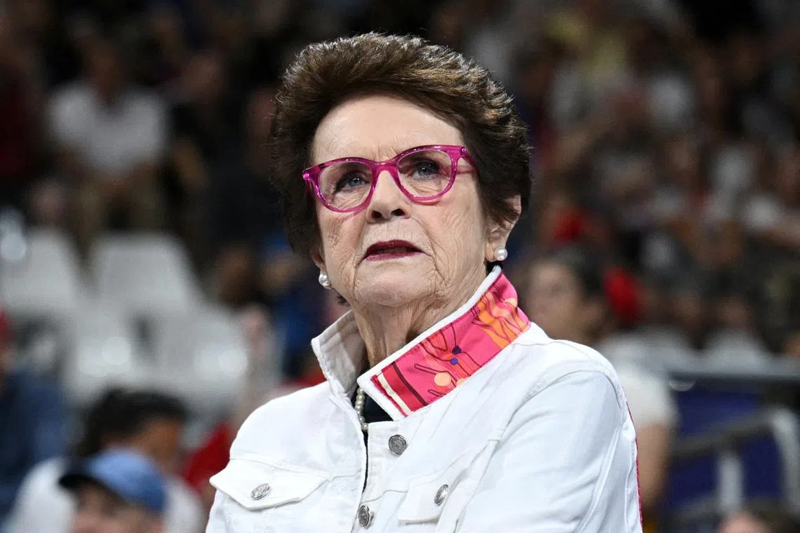 FILE PHOTO: Paris 2024 Olympics - Volleyball - Women's Preliminary Round - Pool A - France vs United States - South Paris Arena 1, Paris, France - August 04, 2024. Billie Jean King watches the match. REUTERS/Annegret Hilse/File Photo
