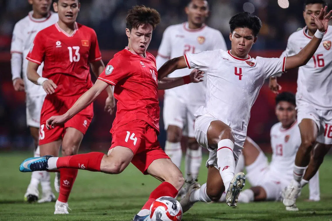 Vietnam's Hoang Duc Nguyen and Indonesia's Kadek Arel Priyatna fight for the ball during the 2024 Asean Championship.