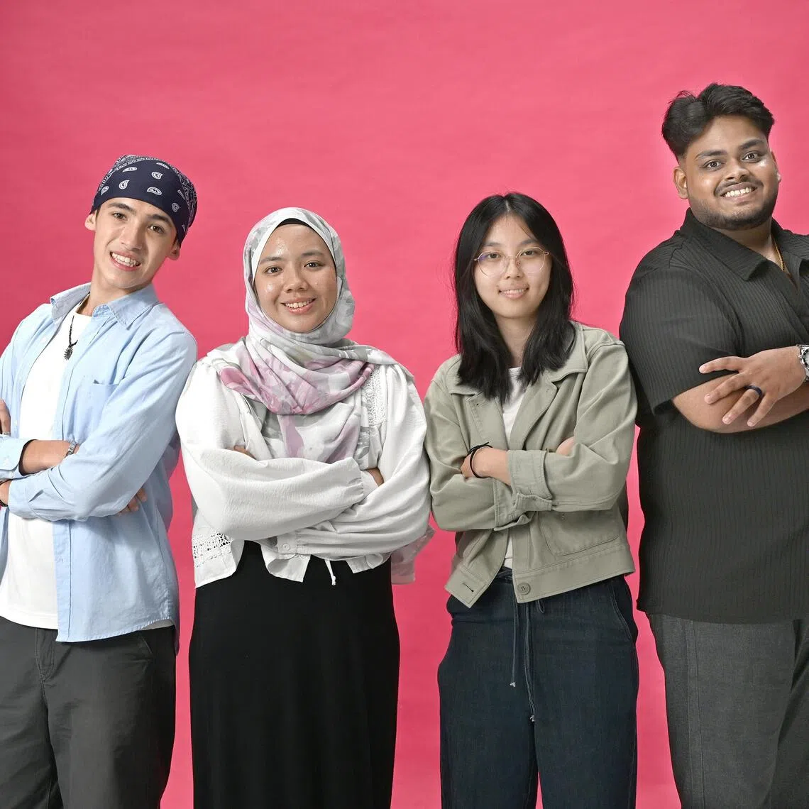 (From left) Alexander Peter Lin-You Burton, Humaira Safiya, Trina Lee and Vishnukeshn Sivapragasam are among youngsters who are proud and optimistic about the future.